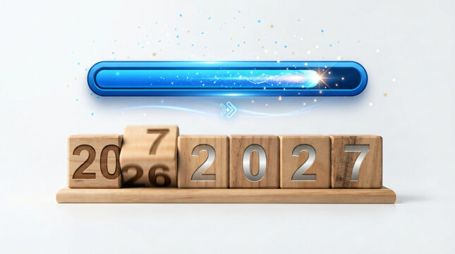 New year celebration marketing graphic layout showing horizontal blue progress loading bar overlay above wooden blocks turning numbers old new year index isolated white backdrop design