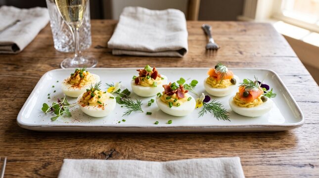 Gourmet deviled eggs appetizer on white ceramic platter, elegant hors d'oeuvres with fresh herbs and toppings, rustic fine dining table setting