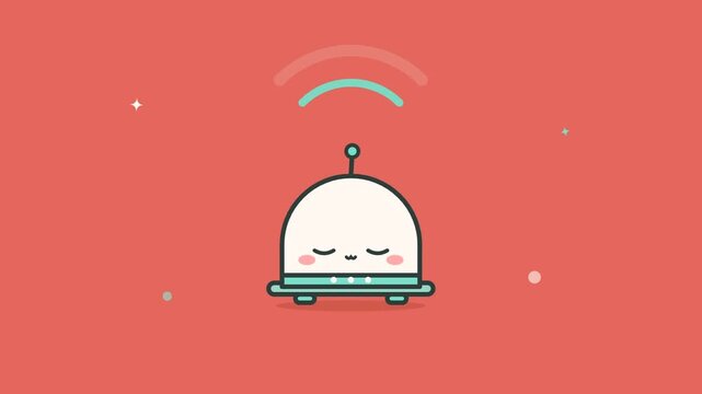 Cute animated robot character broadcasts wireless signal, minimalist flat design