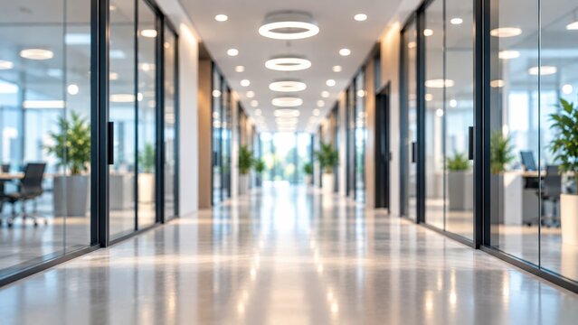Modern corporate office hallway with glass walls and bright lighting
