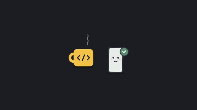 Animated coding coffee mug and smiling smartphone with check mark for software development success