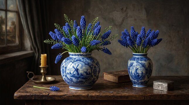 Vintage still life with blue muscari flowers in delft pottery vases, rustic wooden table with antique candle and books, moody floral interior decor