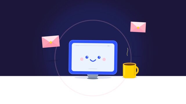Cute cartoon computer monitor smiling with floating email envelopes next to a hot coffee cup on a desk