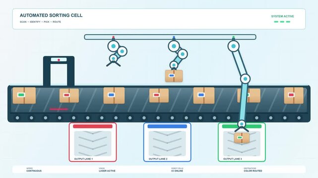 Automated sorting cell infographic vector illustration showing conveyor belt with robotic arms and boxes.