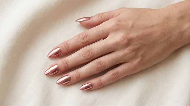 Rose gold chrome nails on female hand, metallic pink manicure with almond shape, elegant bridal nail art on soft beige fabric background