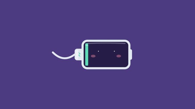 Cute cartoon battery character charging to full energy and unplugging on a purple background in a flat 2D animation loop