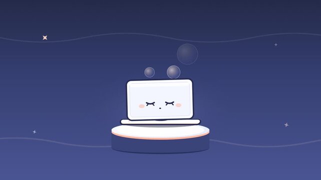 Cute sleeping laptop character animation with floating bubbles 2d art
