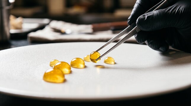 Molecular gastronomy chef plating golden honey pearls, professional culinary tweezers arranging balsamic spheres, fine dining food styling on white plate