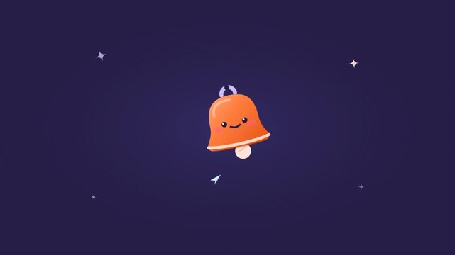 Cute cartoon notification bell character ringing and swinging with a happy smile face on a dark background