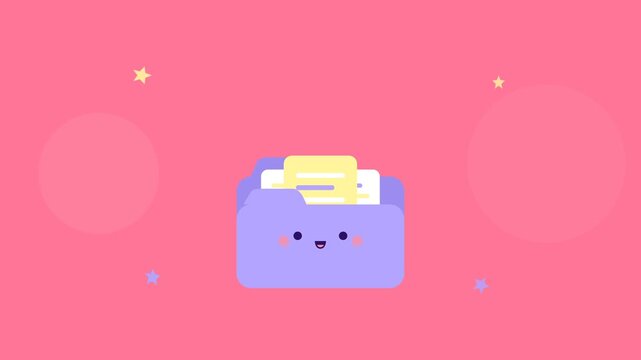 Animated cute cartoon folder with smiling face receives documents on pink background