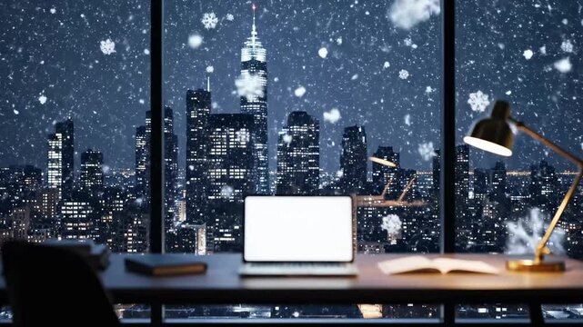 Workplace with Laptop by a Window Overlooking a Snowy City Skyline at Night