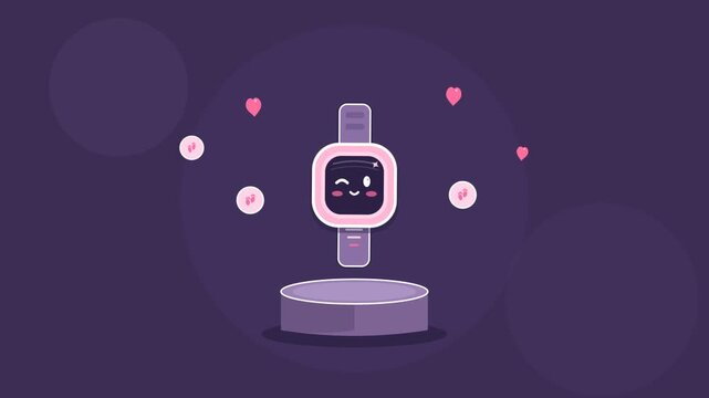 Kawaii Pink Smart Watch Character Floating over Pedestal with Hearts and Step Counter Icons in Cute Vector Animation