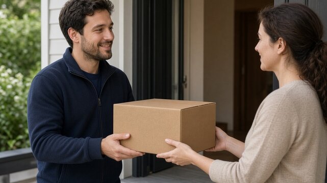 Delivery driver handing package at doorstep