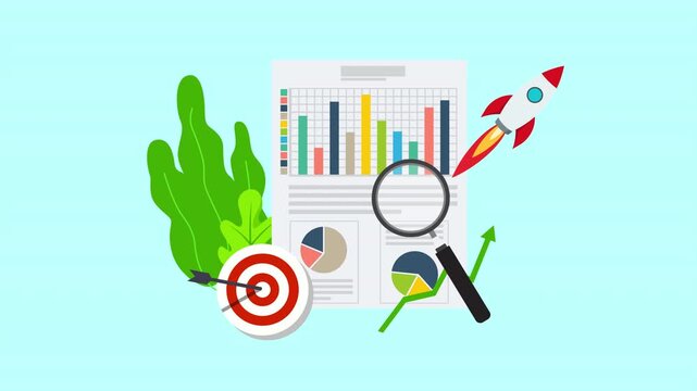 Business data report and growth strategy concept with charts, magnifying glass, target, rocket and rising arrow