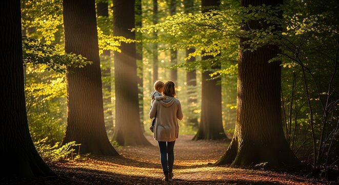 Parent and Child Exploring a Peaceful Forest Trail in Warm Golden Sunlight