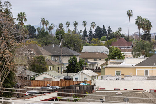 Daytime aerial view of the dense South University neighborhood of San Jose, California, USA.