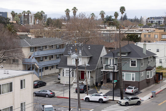 Daytime aerial view of the dense South University neighborhood of San Jose, California, USA.