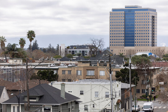 Daytime aerial view of the dense South University neighborhood of San Jose, California, USA.