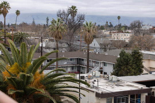 Daytime aerial view of the dense South University neighborhood of San Jose, California, USA.