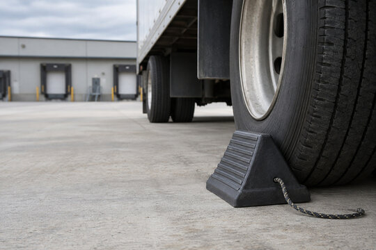 Rubber wheel chock securing a delivery truck at a loading dock