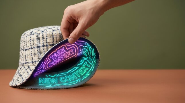Individual putting on a reversible bucket hat with neon light to visualize ai context switching