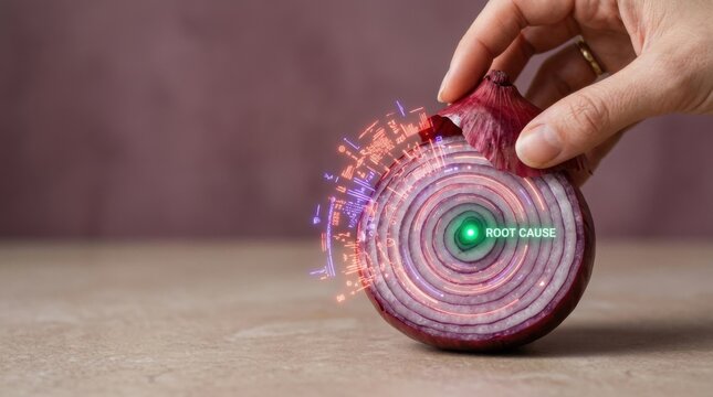 Individual peeling an elegant red onion to reveal concentric layers for visualizing ai root-cause analysis