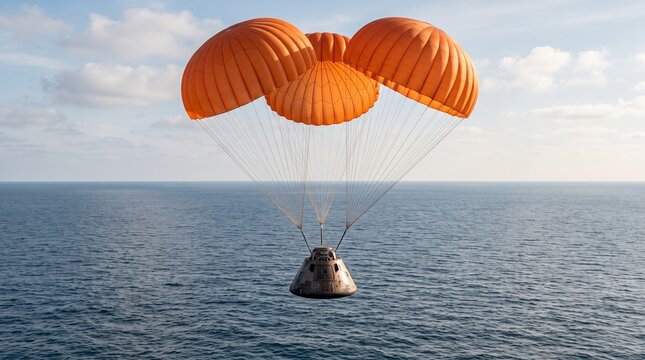 A spacecraft descends with orange parachutes over the ocean surface