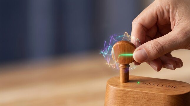 Personal health baseline visualized through an elegant wooden instrument tuning peg mounted on warm maple
