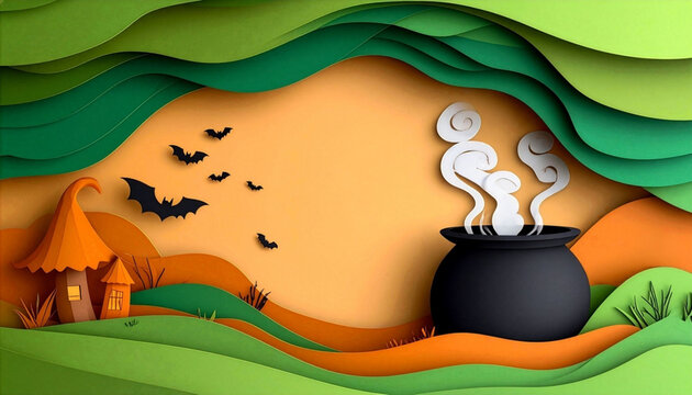 Paper cut Halloween horizontal background with witch cauldron house and bats on green layered frame with copy space