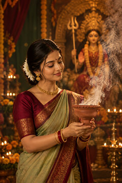 Bengali woman performing sacred incense ritual before goddess durga idol during durga puja and navratri festival inside beautifully decorated traditional pandal interior