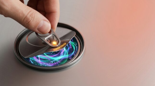 Human hand lifting lid of can as control metaphor for interrupting autonomous ai functionality and control