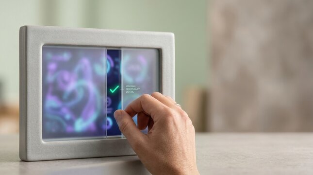 Person's hand touching a button on a digital device representing health data privacy visualization