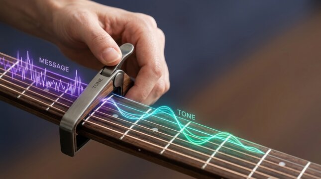 A person playing a guitar with a premium capo attached for visualizing ai communication tone adjustment concept