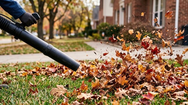 Handheld power tool clears orange and brown foliage from grass in a residential yard during a clear autumn afternoon while wearing protective gloves