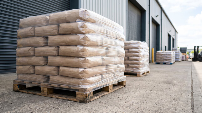 Heavy stacks of material stored on wooden shipping pallets sit outdoors on concrete ground near a large industrial facility during a sunny afternoon
