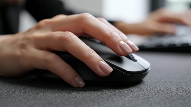 Close-up of a woman's hand with light neutral nails operating a black computer mouse on a dark grey desk surface with a blurred keyboard