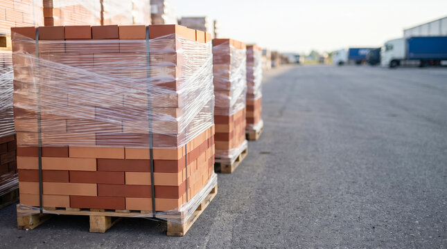 Red clay bricks are stacked on wooden pallets and wrapped in clear plastic film for storage or transportation at an industrial shipping facility