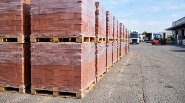 Multiple rows of red construction bricks sit on wooden pallets and are wrapped in clear plastic film while waiting to be loaded onto trucks at a busy