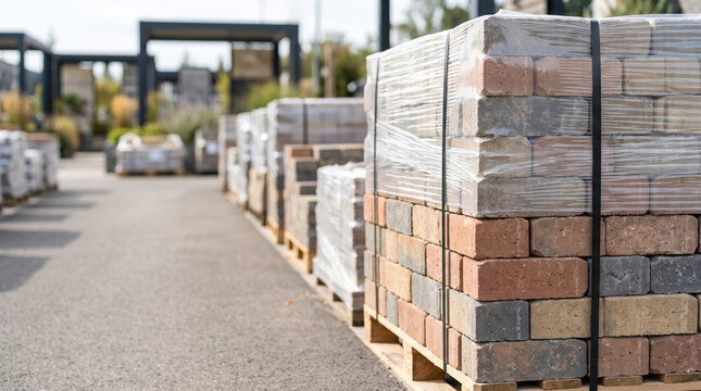 Rows of construction materials featuring neatly arranged bricks sitting on wooden pallets wait for pickup in an open air building supply store during