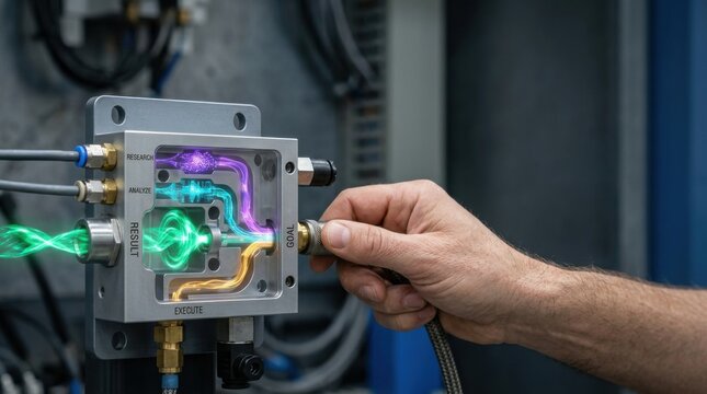 Human hand connecting pneumatic manifold to visualize multi-agent ai collaboration for research and execution
