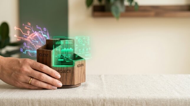 Person holding wooden block with glowing green light visualizing ai context switching in a rotating organizer