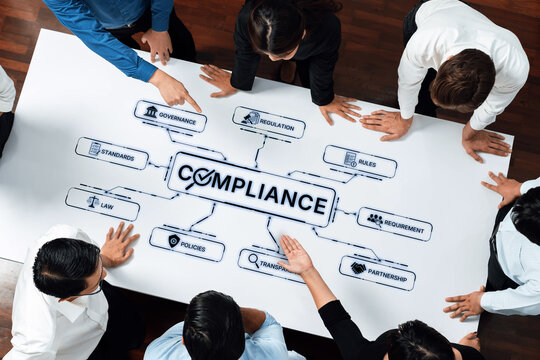A diverse group of business professionals engages in a strategic meeting, analyzing compliance strategies and regulations visualized on a whiteboard in a modern office. Trope