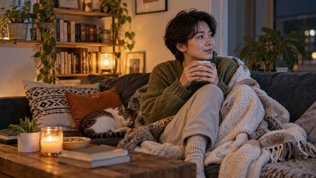 Young woman relaxing on cozy sofa with tea and sleeping cat. Evening self care and mental health concept