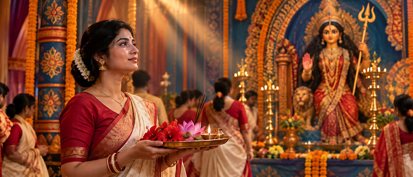 Bengali woman holding decorated puja thali before goddess durga idol during vibrant durga puja and navratri festival worship inside traditional pandal ceremony