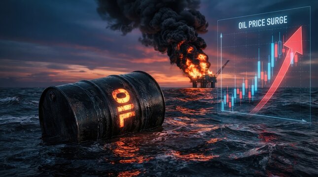Oil barrel floating amid offshore platform fire with rising price chart overlay with offshore drilling structure structure while digital near burning offshore
