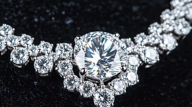 Close up of a large brilliant diamond surrounded by smaller sparkling diamonds on a dark background
