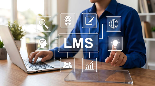 Person using a laptop with futuristic LMS learning management system graphics