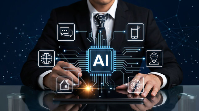 Businessman interacting with digital AI brain chip and futuristic tech icons