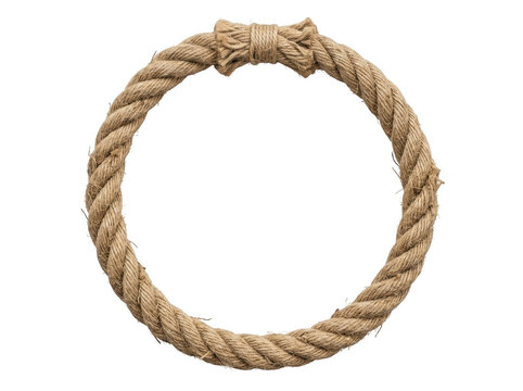 Thick natural rope forms a circular loop with a secure knot against a neutral background.