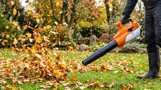 Gardener using a leaf blower to clean autumn leaves from the grass in a garden